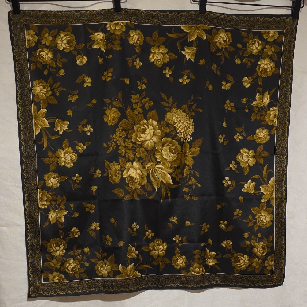 Black Floral Square Silk Scarf with Golden Roses